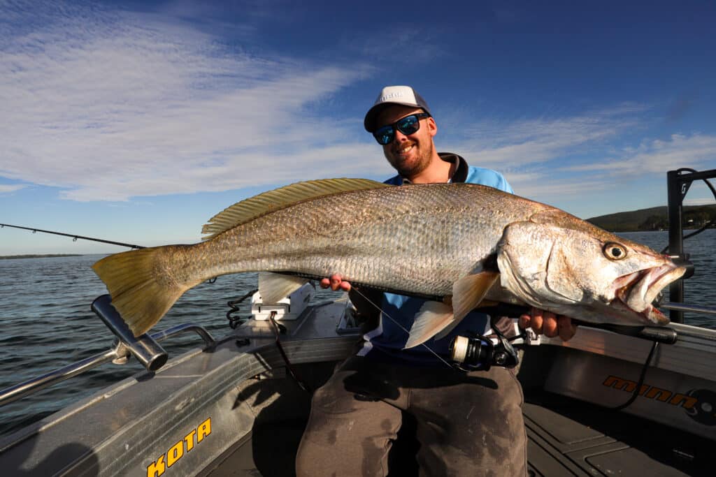 The author with a big mulloway taken on a Samaki Vibelicious in the Hardy Head colour.